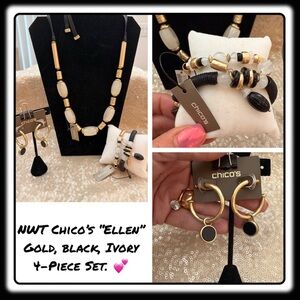 NWT Chico’s Gold, black & ivory Necklace, post/hoop earrings, stretchy bracelets
